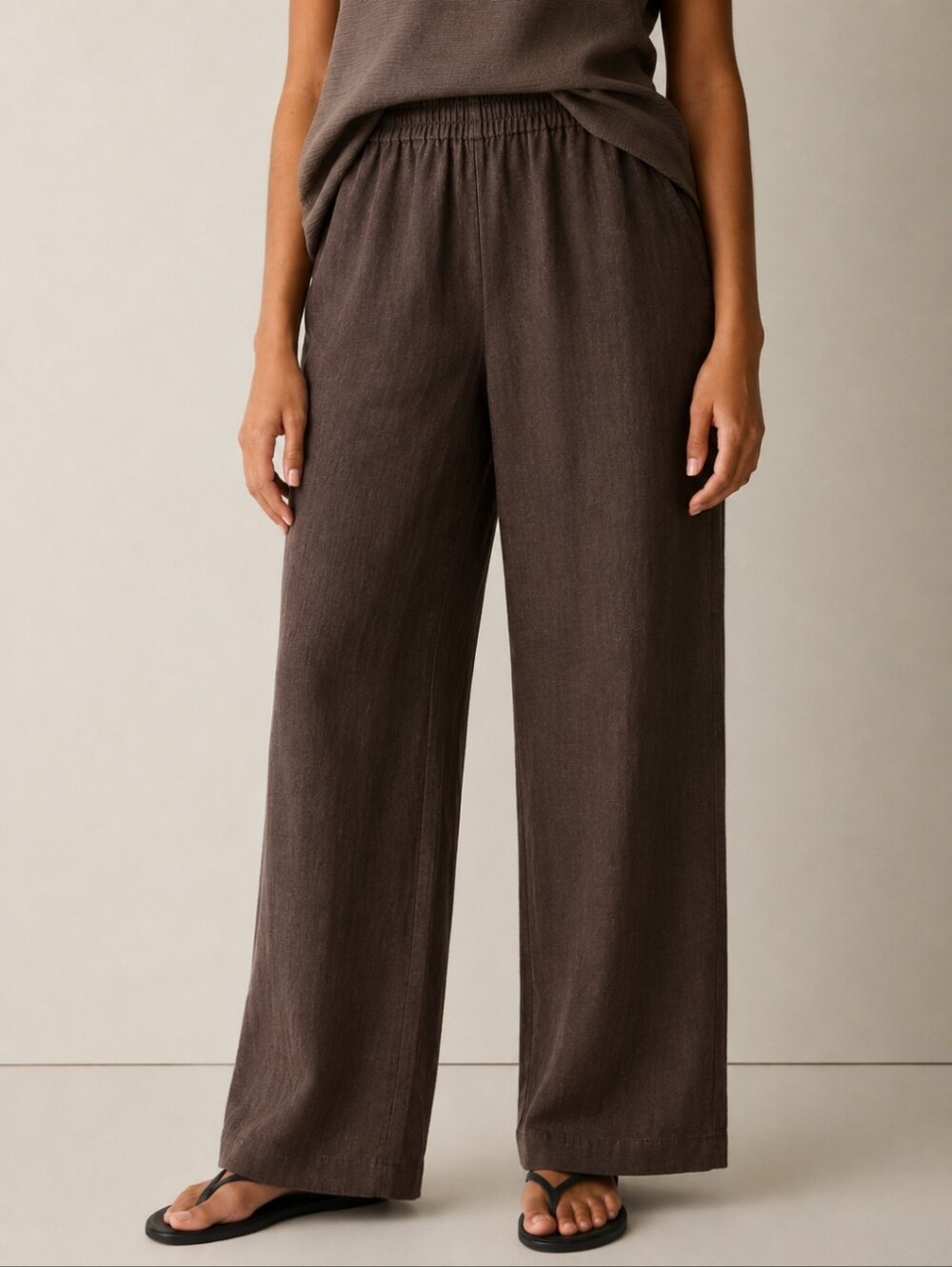 Eileen Fisher Organic Linen Pull-On Straight Leg Pants Side Pockets Black Large